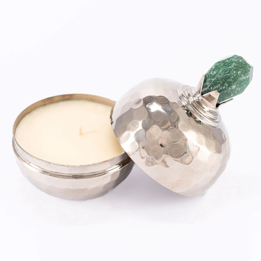 SURYA hand poured scented candle in handmade copper container with gemstone